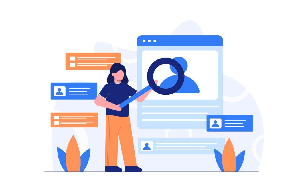 Illustration of a person holding a magnifying glass over a profile on a large screen with dialogue boxes.