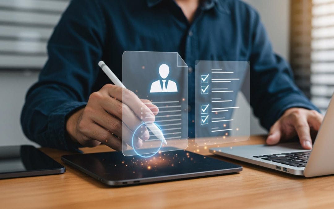 Person using a stylus on a tablet with virtual resume and checklist icons, laptop in the background.