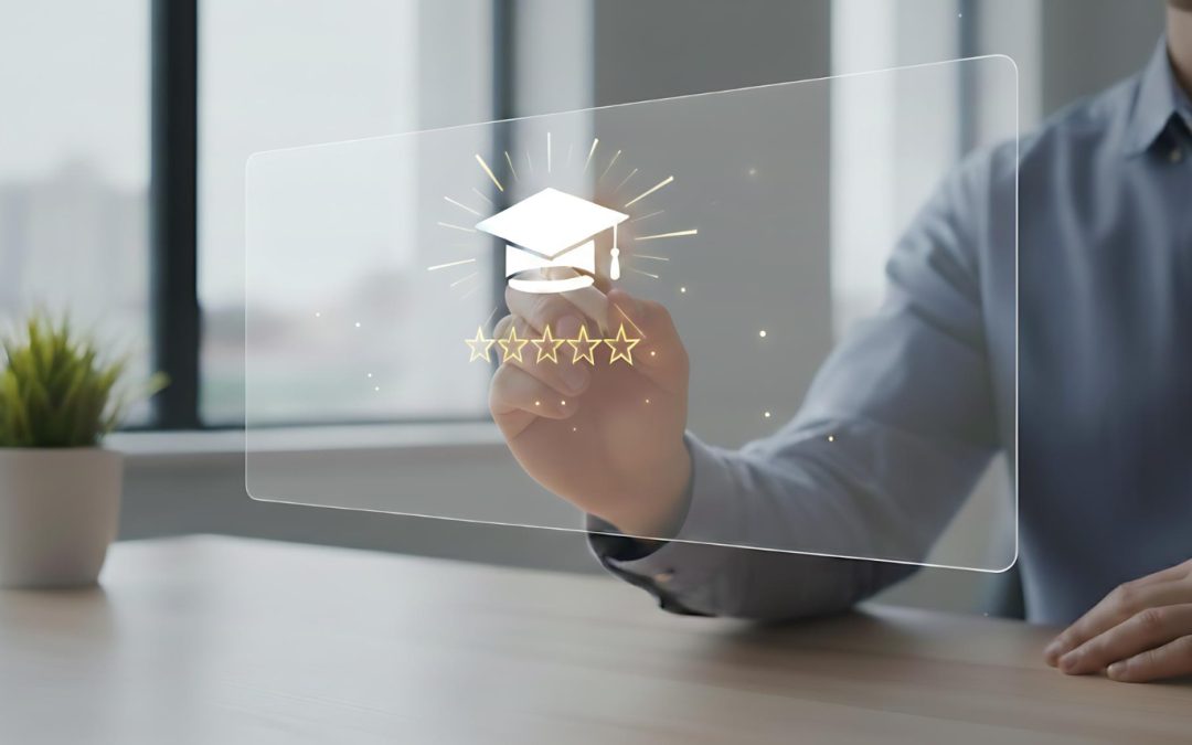 Person pointing at virtual screen with graduation cap icon and five gold stars, symbolizing education quality.
